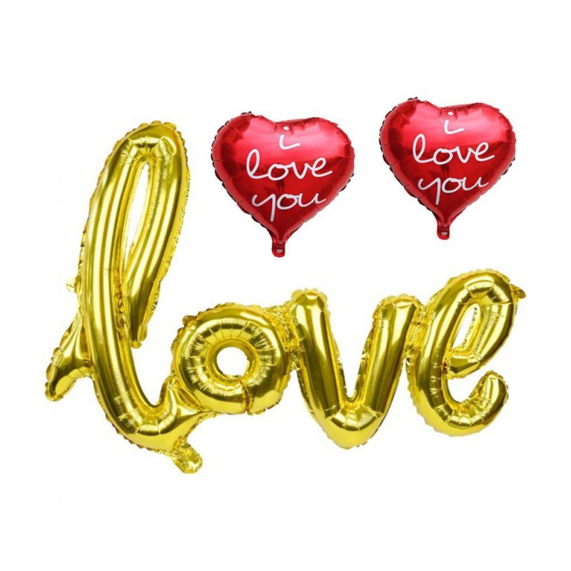 Kiran Enterprises Golden Cursive Love Foil Letter Balloon + 2 Printed Red Heart Foil Balloon
