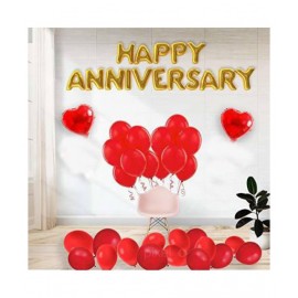 Kiran Enterprises Happy Anniversary (16 Gold Foil Letters)  + 2 Red Heart + 30 Metallic Balloons (Red)