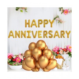 Kiran Enterprises Happy Anniversary (16 Gold Foil Letters)  + 30 Metallic Balloons (Gold)