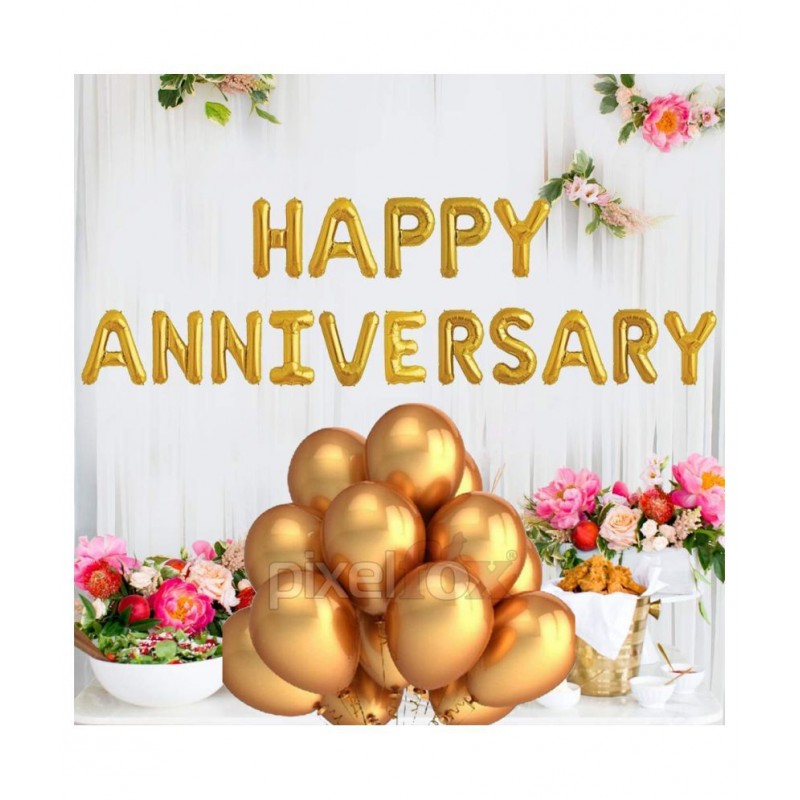 Kiran Enterprises Happy Anniversary (16 Gold Foil Letters)  + 30 Metallic Balloons (Gold)
