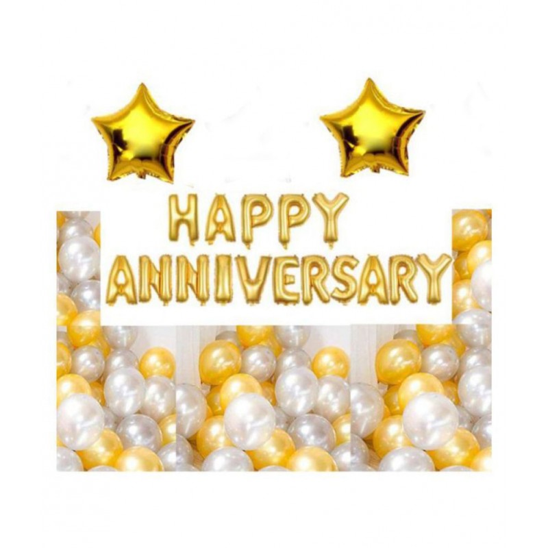 Kiran Enterprises Happy Anniversary (16 Gold Foil Letters) + 2 Gold Star (10 inch) + 30 Metallic Balloons Combo (Silver , Gold)