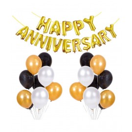 Kiran Enterprises Happy Anniversary (16 Gold Foil Letters) + 30 Metallic Balloons Combo (Black , Gold , Silver)