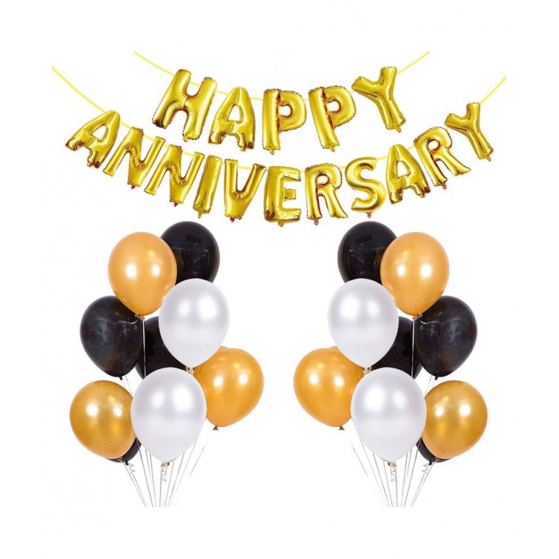 Kiran Enterprises Happy Anniversary (16 Gold Foil Letters) + 30 Metallic Balloons Combo (Black , Gold , Silver)