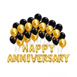 Kiran Enterprises Happy Anniversary (16 Gold Foil Letters) + 30 Metallic Balloons Combo (Black , Gold)