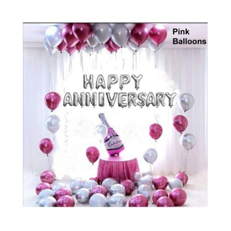 Kiran Enterprises Happy Anniversary (16 Silver Foil Letters) + 1 Pink Bottle + 30 Metallic Balloons Combo (Silver , Pink)