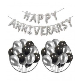 Kiran Enterprises Happy Anniversary (16 Silver Foil Letters) + 30 Metallic Balloons Combo (Black ,  Silver)