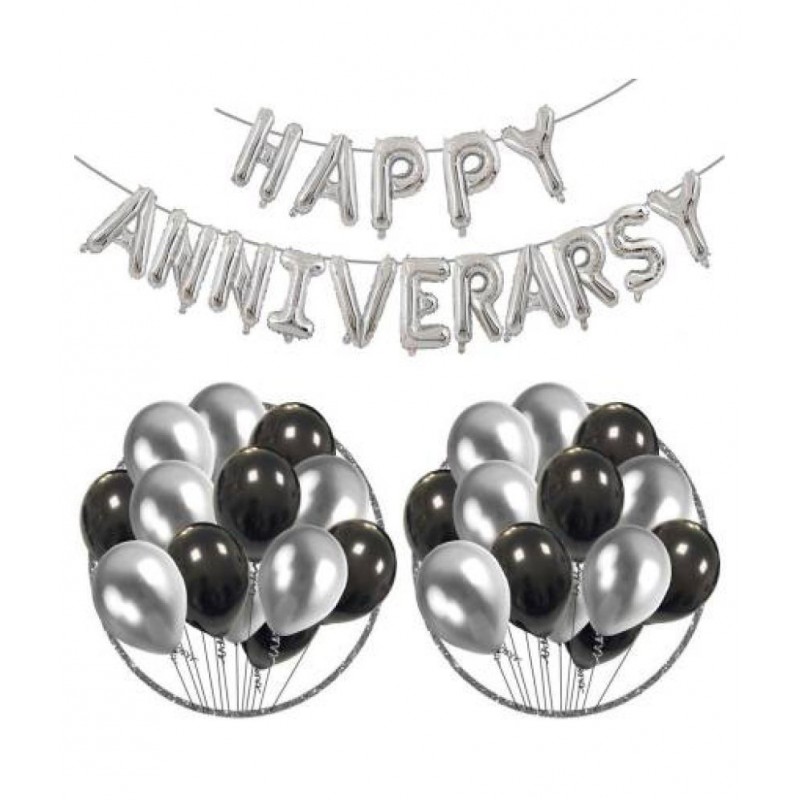 Kiran Enterprises Happy Anniversary (16 Silver Foil Letters) + 30 Metallic Balloons Combo (Black ,  Silver)
