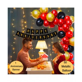 Kiran Enterprises Happy Anniversary Banner ( Black ) + 50 Metallic Balloon ( Red, Gold, Black )