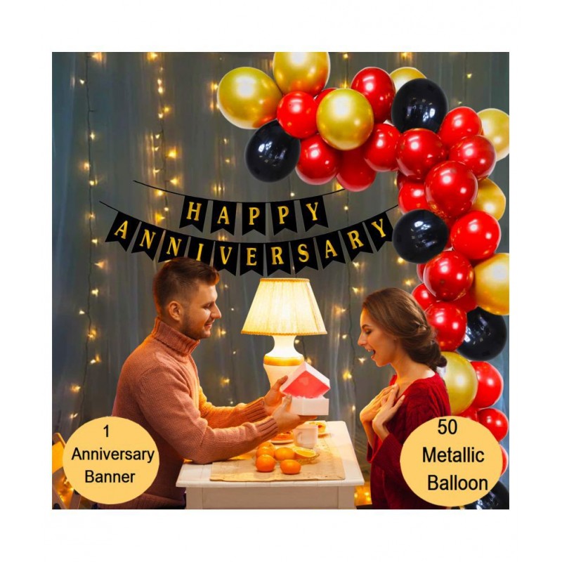 Kiran Enterprises Happy Anniversary Banner ( Black ) + 50 Metallic Balloon ( Red, Gold, Black )