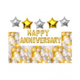 Kiran Enterprises Happy Anniversary Foil Letters Balloons (Golden) + 2 Silver Stars Foil Balloon + 2 Golden Stars Foil Balloon + 30 Golden & Silver Party Balloons