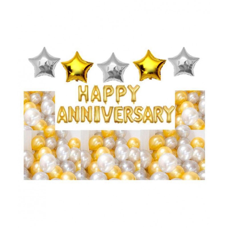 Kiran Enterprises Happy Anniversary Foil Letters Balloons (Golden) + 2 Silver Stars Foil Balloon + 2 Golden Stars Foil Balloon + 30 Golden & Silver Party Balloons