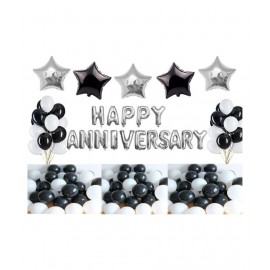 Kiran Enterprises Happy Anniversary Foil Letters Balloons (Silver) + 3 Silver Stars Foil Balloon + 2 Black Stars Foil Balloon + 30 Black & White Party Balloons