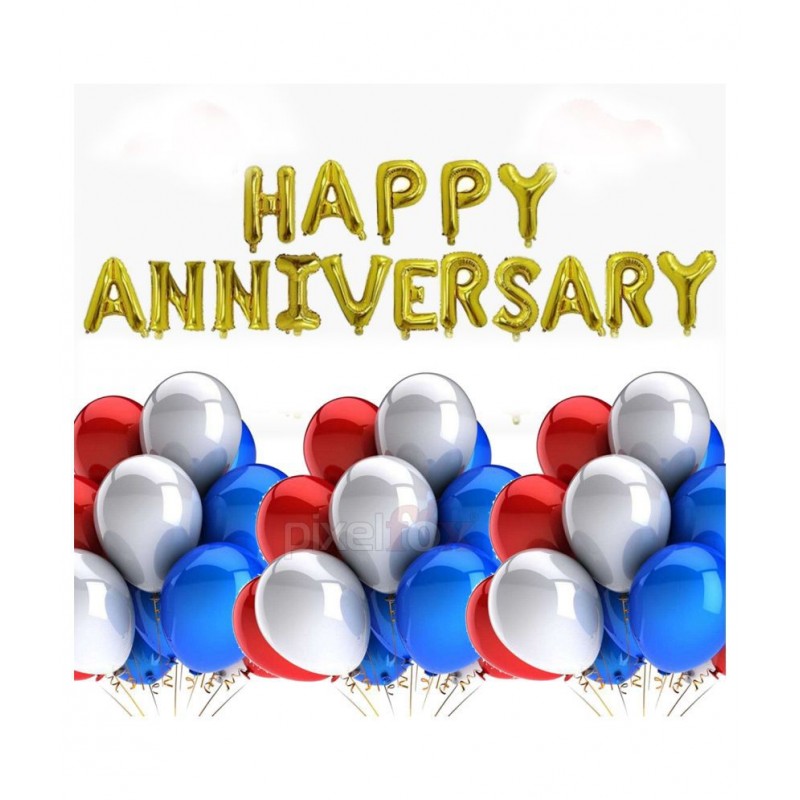 Kiran Enterprises Happy Anniversary Party Decoration (16 Gold Foil Letters) + 30 pcs Metallic Balloons Combo