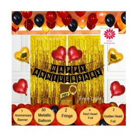 Kiran Enterprises Happy Anniversay Banner ( Black ) + 4pcs Red Heart Foil + 2pcs Golden Heart Foil + 2pcs Golden Fringe Curtain + 30 Metallic Balloon ( Red, Gold, Black )