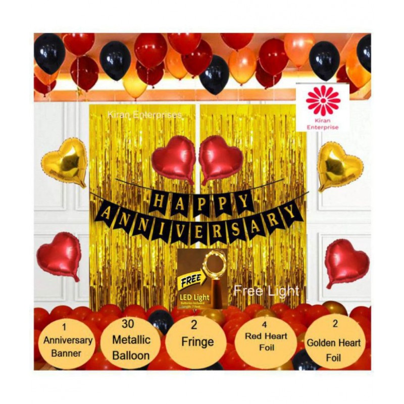 Kiran Enterprises Happy Anniversay Banner ( Black ) + 4pcs Red Heart Foil + 2pcs Golden Heart Foil + 2pcs Golden Fringe Curtain + 30 Metallic Balloon ( Red, Gold, Black )