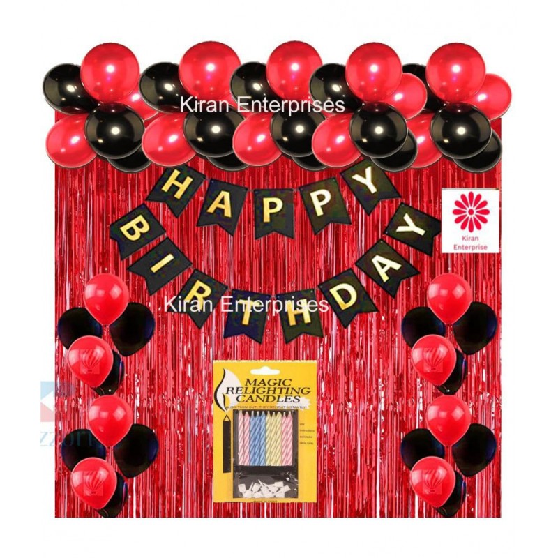 Kiran Enterprises Happy Birthday Banner ( Black ) + 2 Fringe Curtain ( Red ) + 30 Metallic Balloon ( Red, Black ) + 10 pcs Magic Candles For Birthday Decoration