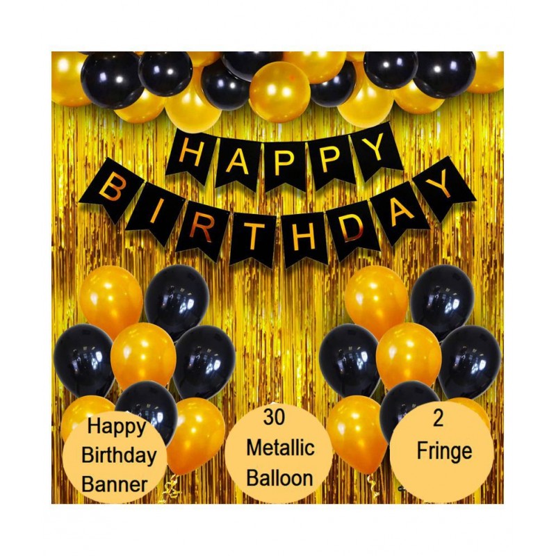 Kiran Enterprises Happy Birthday Banner ( Black ), + 2pcs Golden Fringe Curtain + 30 Metallic Balloon ( Black, Gold )