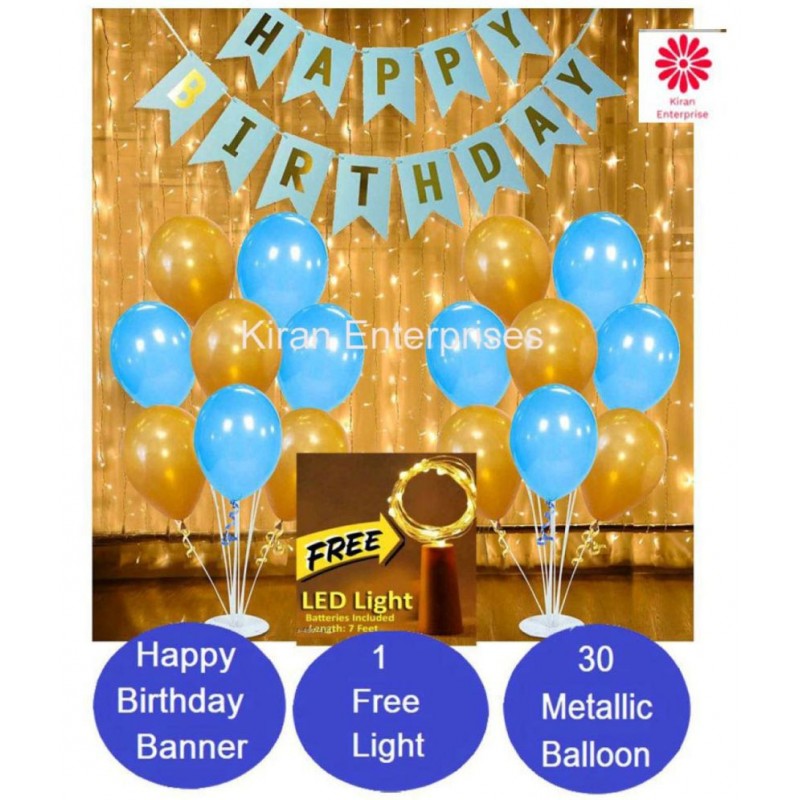 Kiran Enterprises Happy Birthday Banner ( Blue ) + 30 Metallic Balloon ( Blue, Gold ) + FREE 1pc. LED Light With Battery (7 Feet)