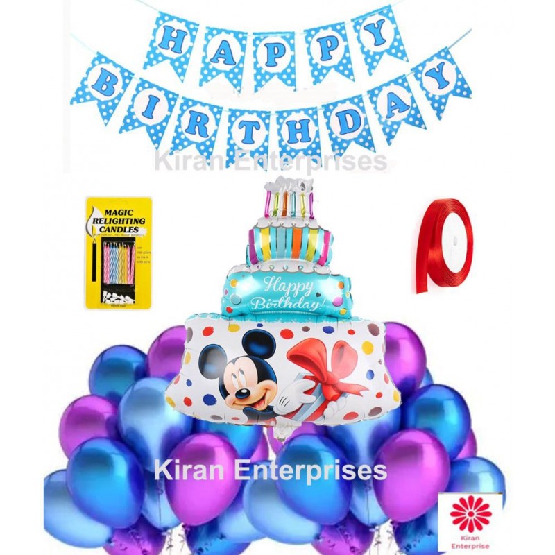 Kiran Enterprises Happy Birthday Banner ( Dotted SkyBlue) + 1 pc. Mickey Mouse Printed Foil Cake + 10 pc. Magic Candle + 1 pc Ribbon + 30 Metallic Balloon ( Blue, Purple )