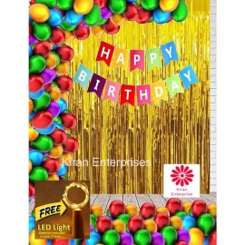 Kiran Enterprises Happy Birthday Banner ( Multi ) + 2 Golden Fringe Curtain + 30 Metallic Balloon ( Multi ) + FREE 1 pc. LED Light With Battery (7 Feet)