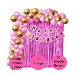Kiran Enterprises Happy Birthday Banner ( Pink ) + 2pcs Pink Fringe Curtain + 30 Metallic Balloons ( Pink, Gold )