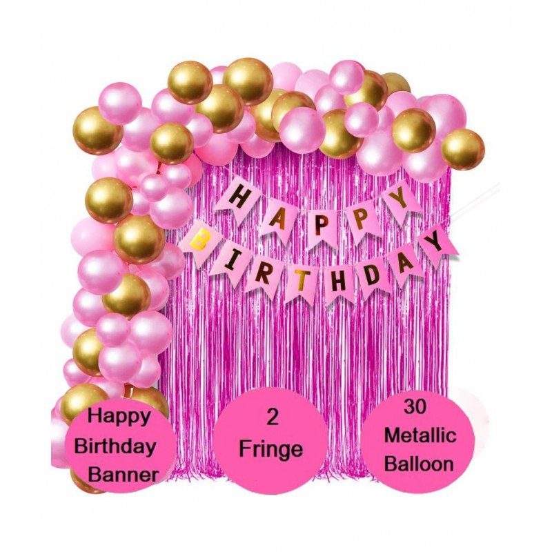 Kiran Enterprises Happy Birthday Banner ( Pink ) + 2pcs Pink Fringe Curtain + 30 Metallic Balloons ( Pink, Gold )