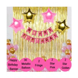 Kiran Enterprises Happy Birthday Banner ( Pink ) + 2pcs Pink Star Foil + 2pcs Golden Star Foil + 2pcs Golden Fringe Curtain + 30 Metallic Balloons ( Pink, White, Gold )