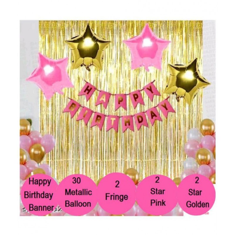 Kiran Enterprises Happy Birthday Banner ( Pink ) + 2pcs Pink Star Foil + 2pcs Golden Star Foil + 2pcs Golden Fringe Curtain + 30 Metallic Balloons ( Pink, White, Gold )