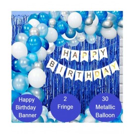 Kiran Enterprises Happy Birthday Banner ( White )+ 2pcs Blue Fringe Curtain + 30 Metallic Balloon ( Blue, White , Sky Blue, Silver )