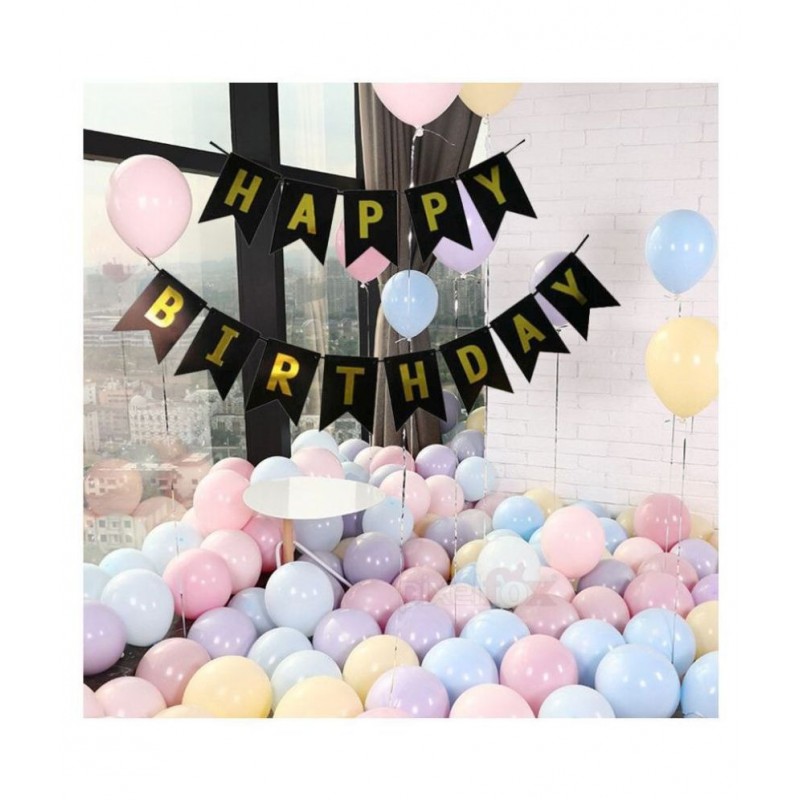 Kiran Enterprises Happy Birthday Banner (Black) + Multi Candy Balloons (Pack of 50)