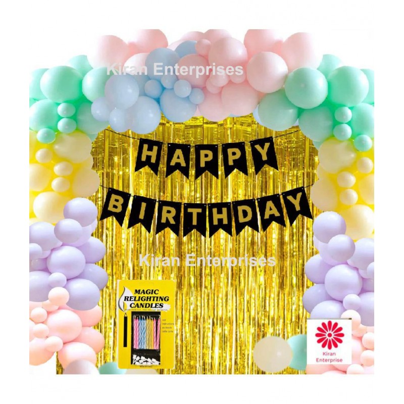 Kiran Enterprises Happy Birthday Bannner ( Black ) + 2 Fringe Curtain (Golden) + 10 pc. Magic Candle + 30 Malticolor Pastel Balloon