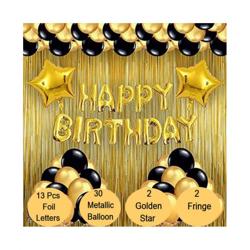 Kiran Enterprises Happy Birthday Foil Letter Balloon ( Golden ) + 2pcs Golden Star Foil + 2pcs Golden Fringe Curtain + 30 Metallic Balloon ( Black, Gold )