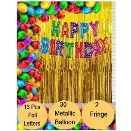 Kiran Enterprises Happy Birthday Foil Letter Balloon ( Multi ) + 2pcs Golden Fringe Curtain + 30 Metallic Ballo0n ( Multi )
