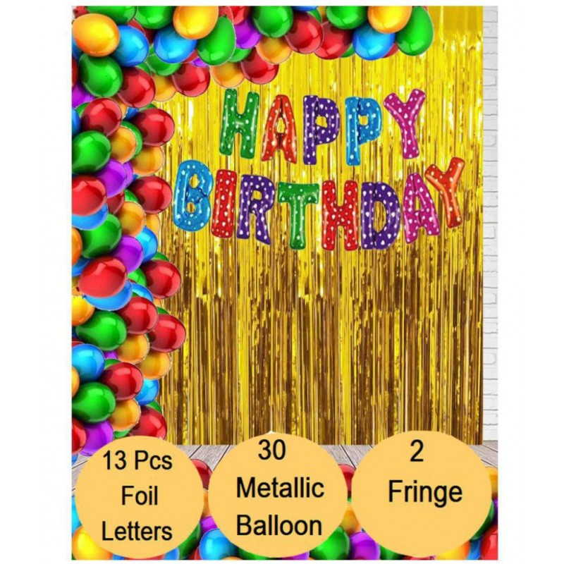 Kiran Enterprises Happy Birthday Foil Letter Balloon ( Multi ) + 2pcs Golden Fringe Curtain + 30 Metallic Ballo0n ( Multi )