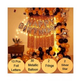 Kiran Enterprises Happy Birthday Foil Letter Balloon ( Silver ) + 2pcs Silver Star Foil + 2pcs Silver Fringe Curtain + 30 Metallic Balloon ( Black, Gold, Silver )