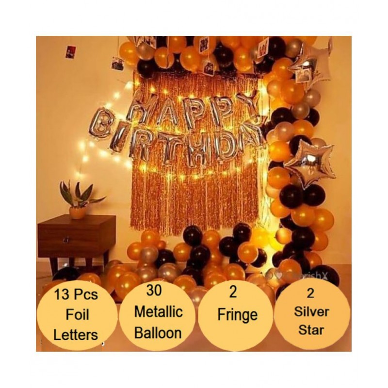 Kiran Enterprises Happy Birthday Foil Letter Balloon ( Silver ) + 2pcs Silver Star Foil + 2pcs Silver Fringe Curtain + 30 Metallic Balloon ( Black, Gold, Silver )