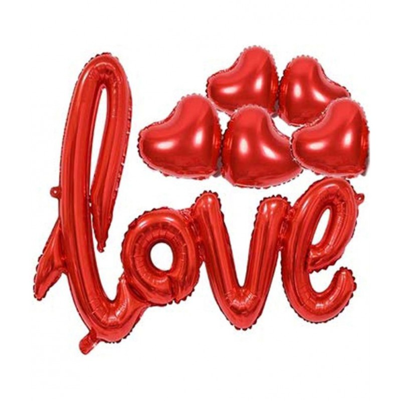 Kiran Enterprises Red Cursive Love Foil Balloon + 5pcs Red Heart Foil Balloon