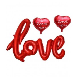 Kiran Enterprises Red Cursive Love Foil :Letter Balloon + 2 Red Printed Foil Heart Balloon