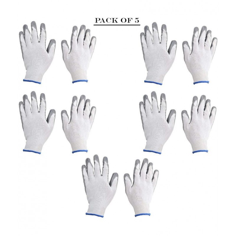 LAXMI White&Grey Nitrile Coated Hand Gloves (Pack of 05) Nylon Safety Glove
