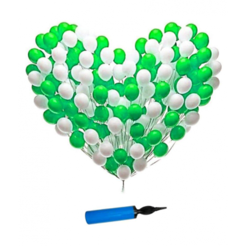 Latex Metallic Ballon ( Green + white) with Blooms Balloon Pump (Pack of 101)
