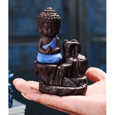 Laying Style Blue Polyresin Monk Buddha Smoke Backflow - Pack of 1