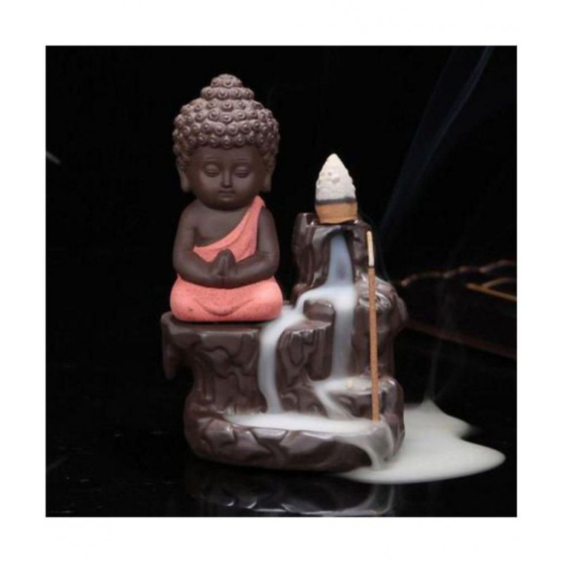 Laying Style Orange Polyresin Monk Buddha Smoke Backflow - Pack of 1