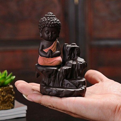 Laying Style Red Ceramic Monk Budha Smoke Backflow Insense Cone Holder - Pack of 1