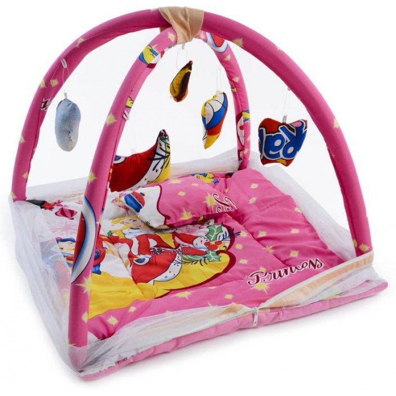Lilliput Baby Kick and Play Gym with Mosquito Net & Hanging Toys, Foldable & Washable Baby Bedding Set for Baby (0-12 Months) Barbie Princess Print