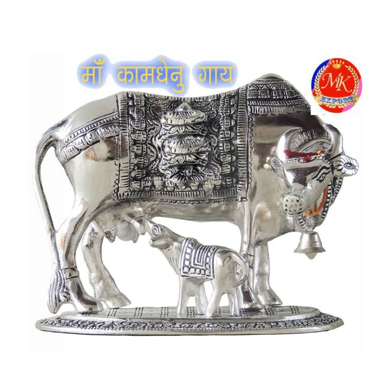 M.K.EXPORT Maa Kamdhenu and calf Silver plated Hindu God Mandir Puja Purpose idol