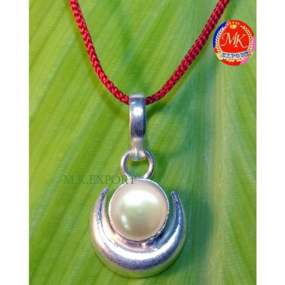 M.K.EXPORT Moon Shape Pendant with Natural Pearl Moti 5 Ratti Silver Plated pendant Locket for Men and Women