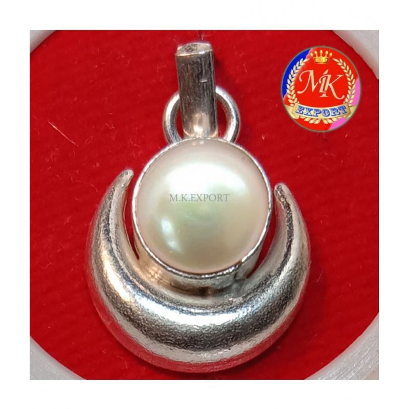 M.K.EXPORT Moon Shape Pendant with Natural Pearl Moti 5 Ratti Silver Plated pendant Locket for Men and Women