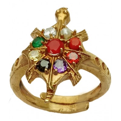 M.K.EXPORT Navratna Tortoise Panchdhatu Adjustable Ring With Natural Multi 9 Stone Gold Plated  Men and women