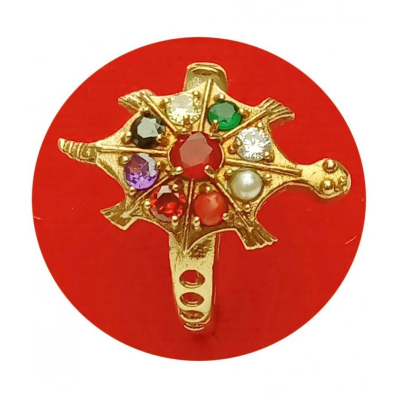M.K.EXPORT Navratna Tortoise Panchdhatu Adjustable Ring With Natural Multi 9 Stone Gold Plated  Men and women
