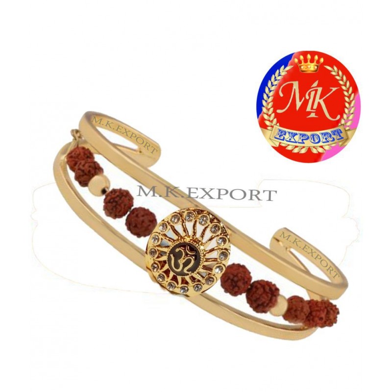 M.K.EXPORT Rudraksha American Diamond Gold Om Sun Cuff Kada Cuff Kada Bracelet for Men/Rudraksha Kada